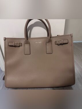 Anne Klein Taupe Structured Saffiano Tote with Gold Accents